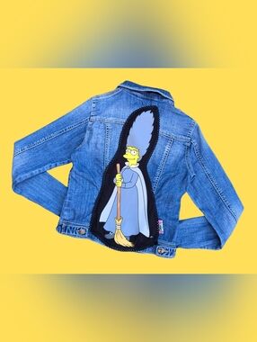 Handmade, Upcycled Madge Simpson The Witch Denim Jacket Size XS